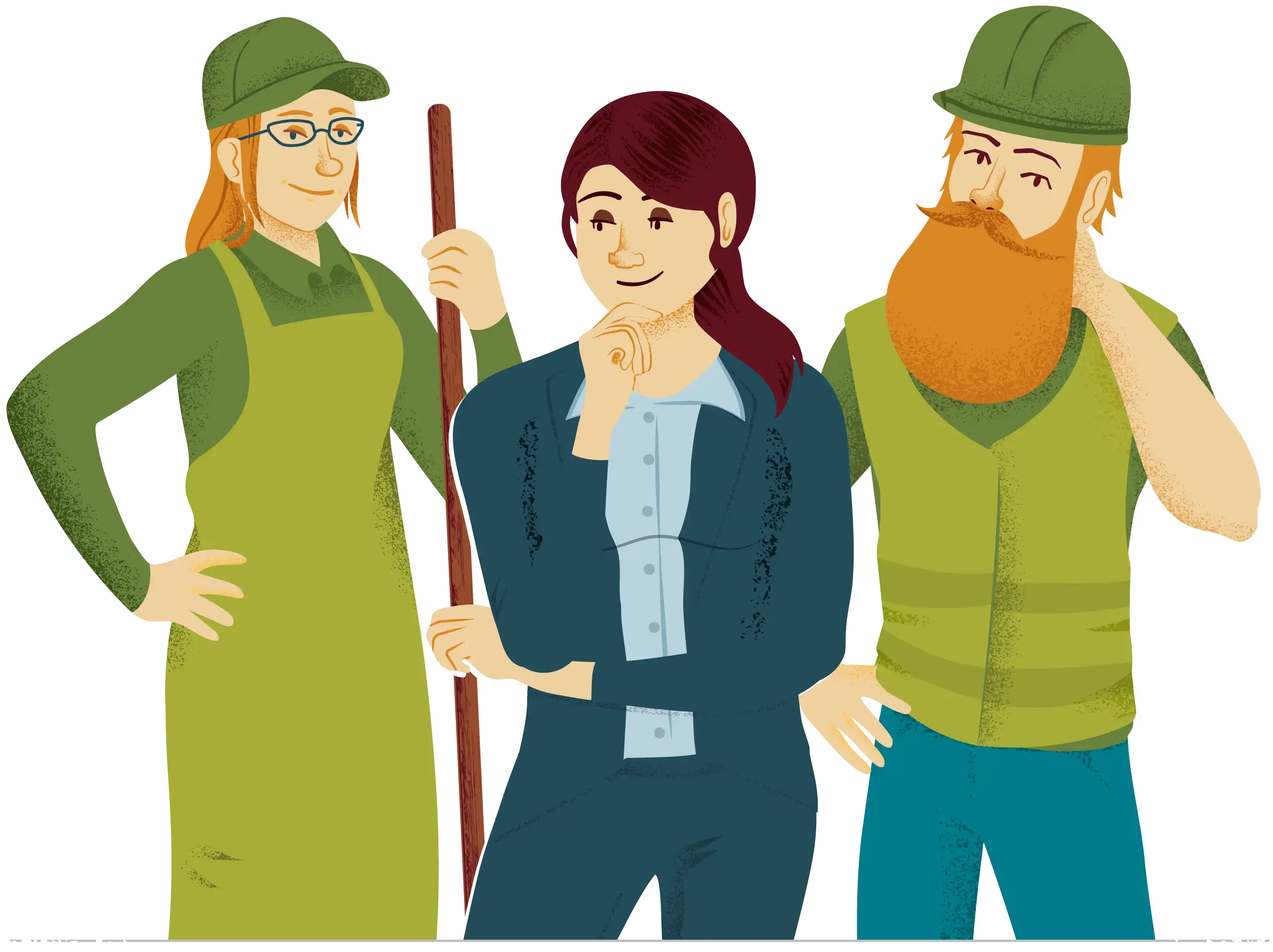 Image of a woman with a hat and apron on, a woman in business attire and a man with a large red beard in construction equipment.