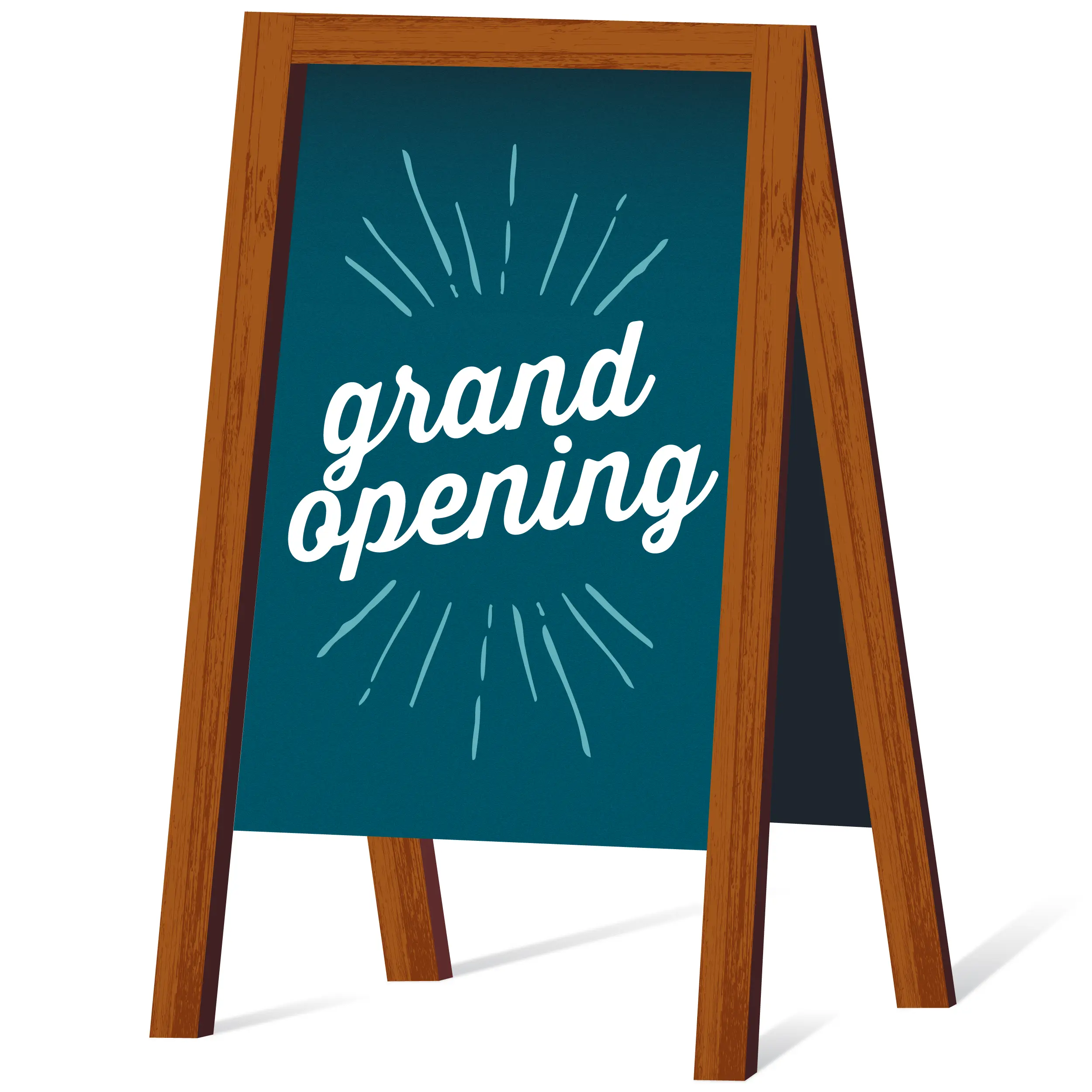 Sandwich board sign that reads "Grand Opening".