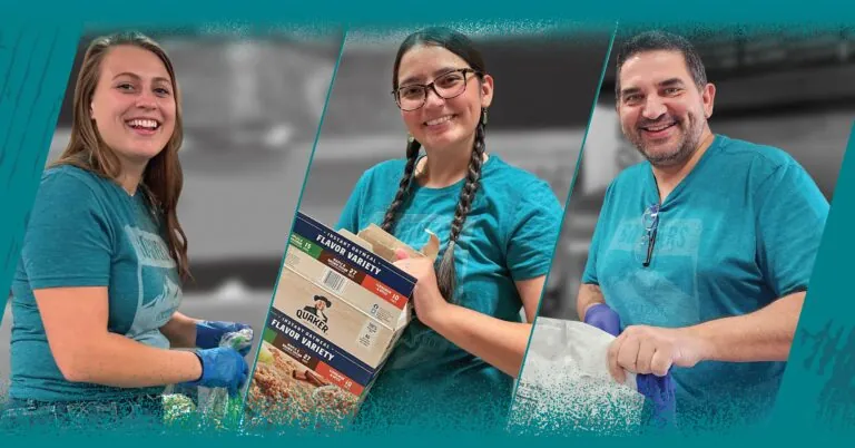 two women and one man in action volunteering at a charity