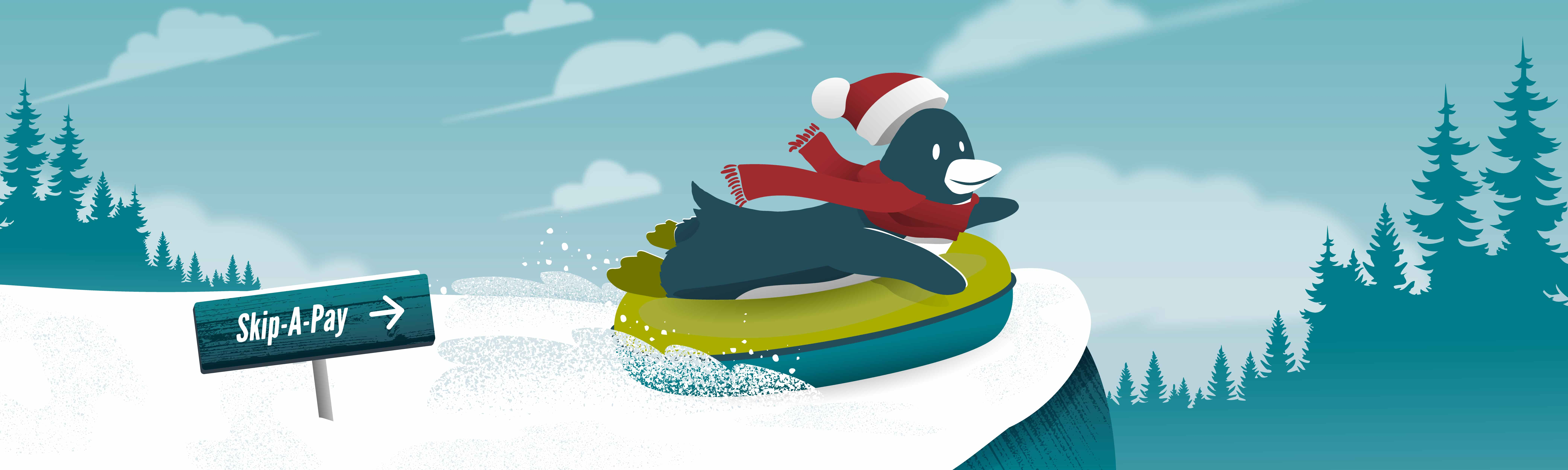 Penguin sledding to skip-a-pay