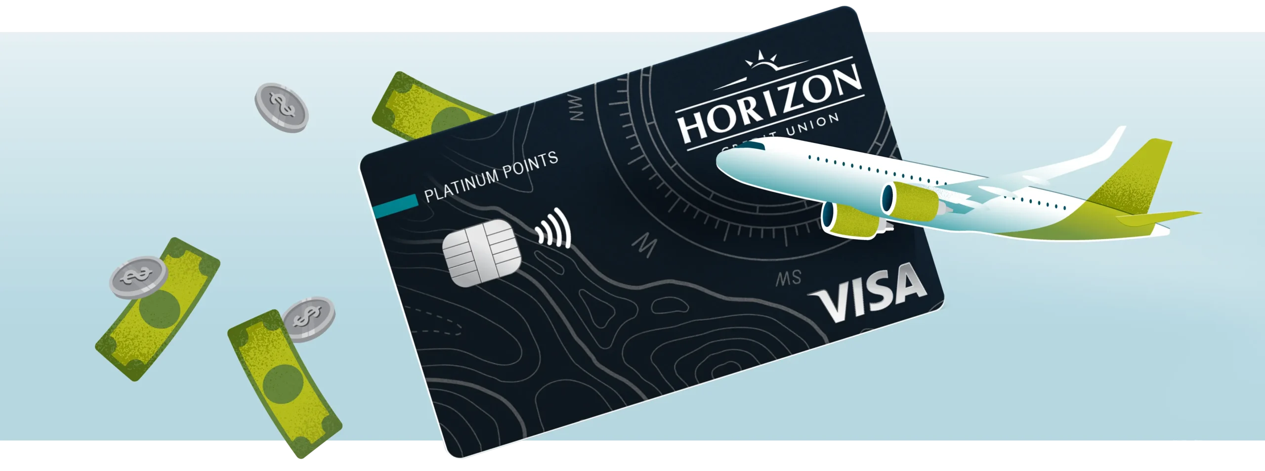 airplane flying in front of Platinum Points Credit Card