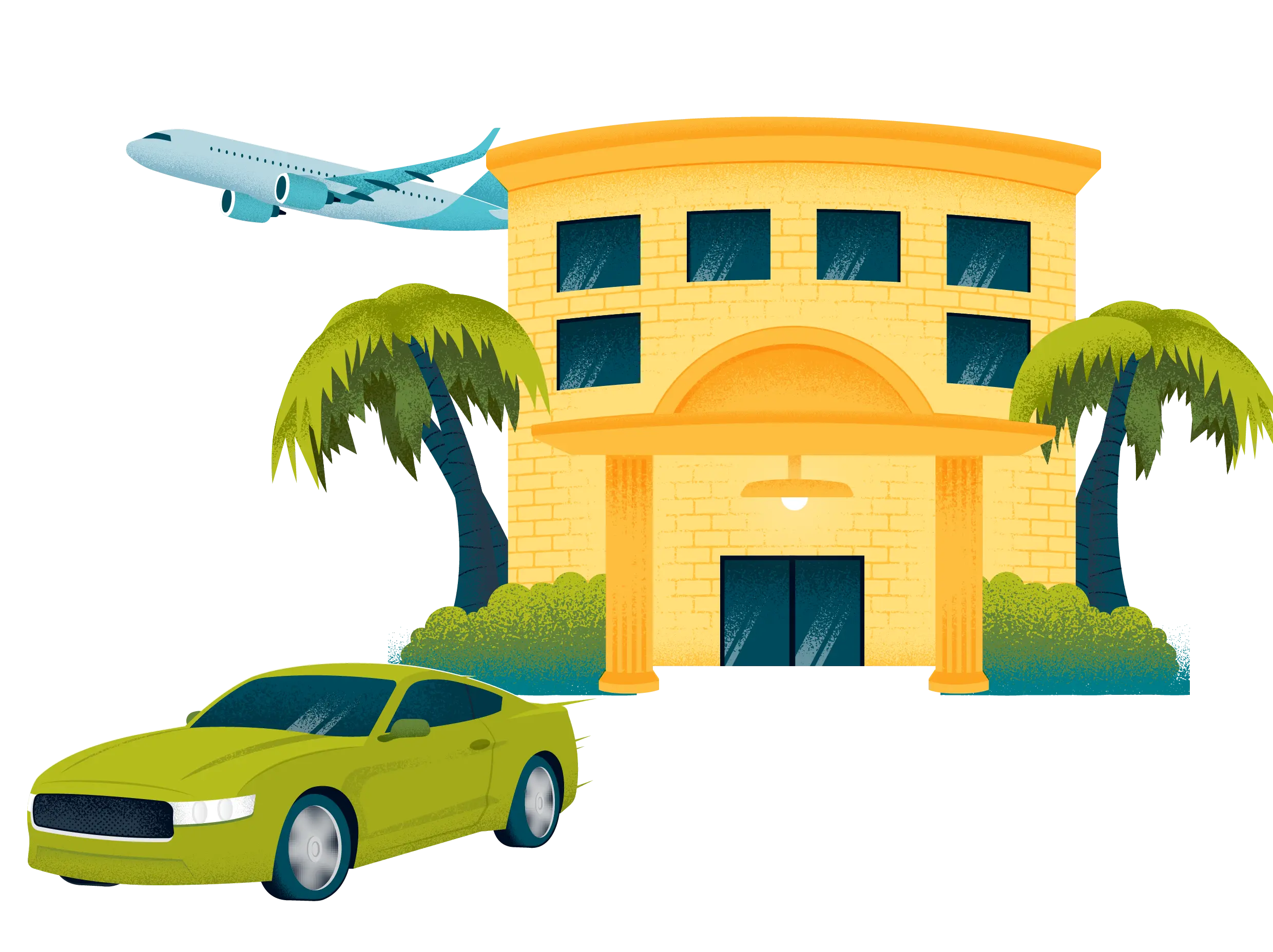 Hotel, plane and car