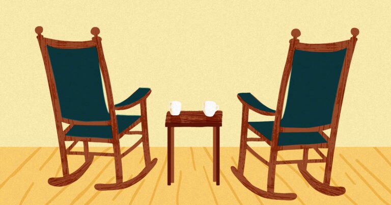 two rocking chairs and a small table with cups on it on a porch